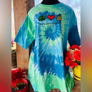 Vintage Dole Hawaii Blue Green Tie Dye Peace Love & Pineapple Graphic Crew Tee